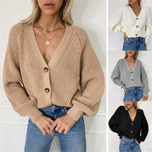 Load image into Gallery viewer, V-neck Lantern Sleeve Button Knit Cardigan