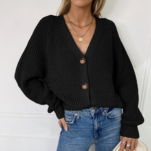 Load image into Gallery viewer, V-neck Lantern Sleeve Button Knit Cardigan