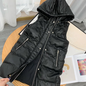 Faux Leather Hooded Long Vest