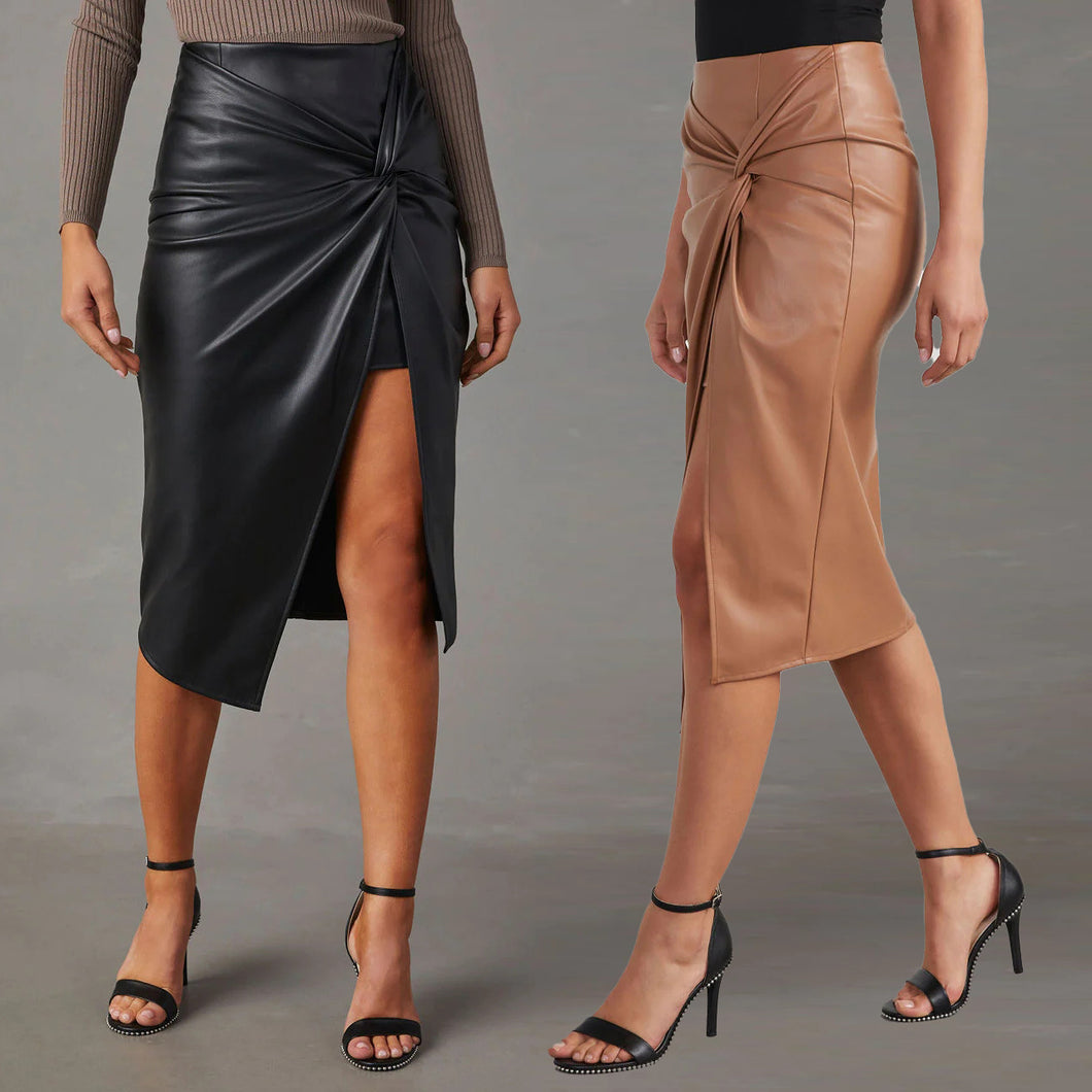 Split Mid-length Leather Skirt